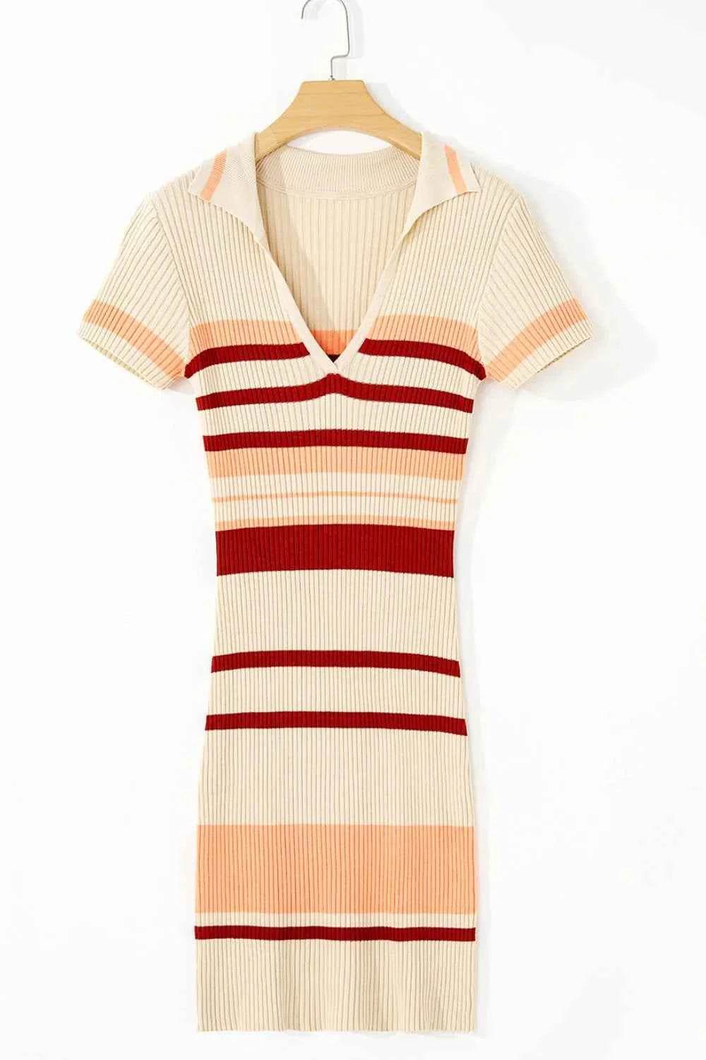 Contrast Striped Johnny Collar Short Sleeve Mini Dress for a perfect OOTD – dress to impress outfits from Amexza