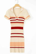 Contrast Striped Johnny Collar Short Sleeve Mini Dress for a perfect OOTD – dress to impress outfits from Amexza