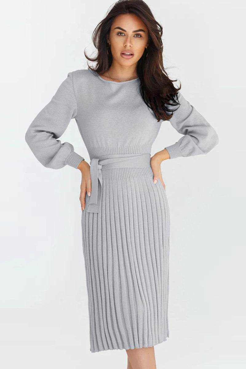 Round Neck Long Sleeve Pleated Sweater Dress Light Gray for a perfect OOTD – dress to impress outfits from Amexza