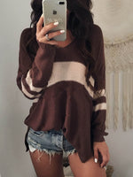 Striped V-Neck Long Sleeve Sweater Chocolate for a perfect OOTD – dress to impress outfits from Amexza