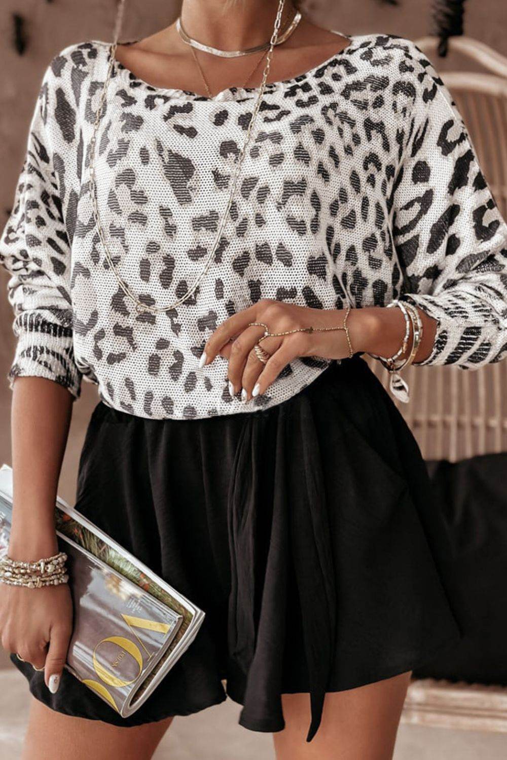 Leopard Boat Neck Long Sleeve Knit Top for a perfect OOTD – dress to impress outfits from Amexza