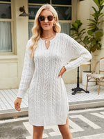 Notched Neck Cable-Knit Slit Sweater Dress White for a perfect OOTD – dress to impress outfits from Amexza