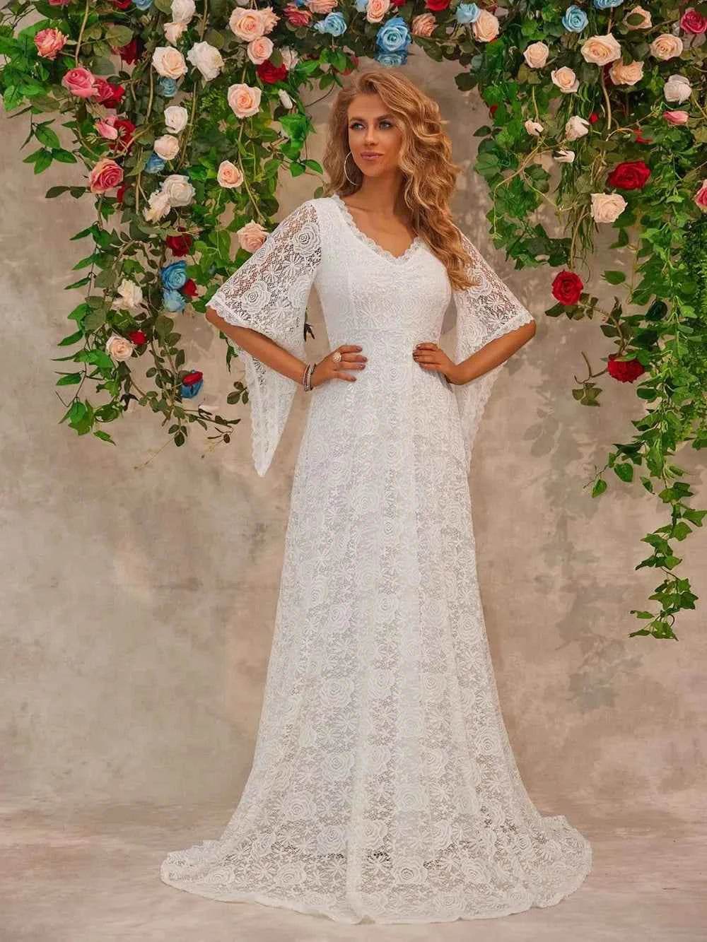 Lace V-Neck Floor length Dress White for a perfect OOTD – dress to impress outfits from Amexza