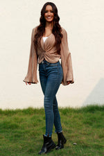 Twisted Smocked Flare Sleeve Cropped Top - Amexza