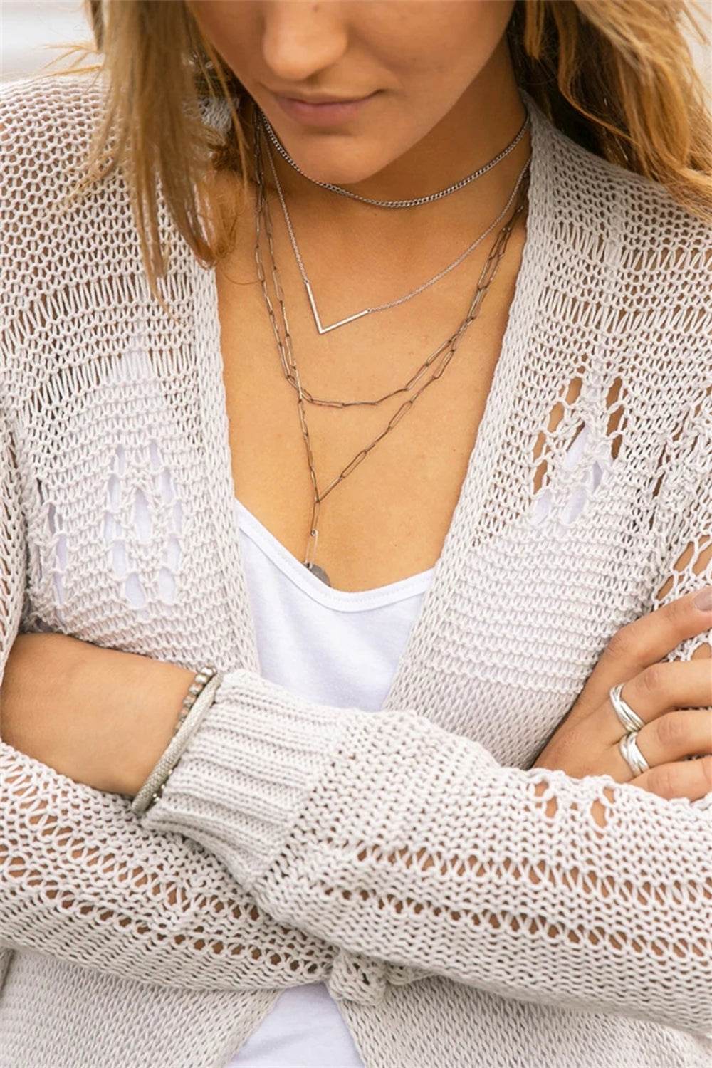 Openwork Side Slit Open Front Long Sleeve Cardigan - Amexza