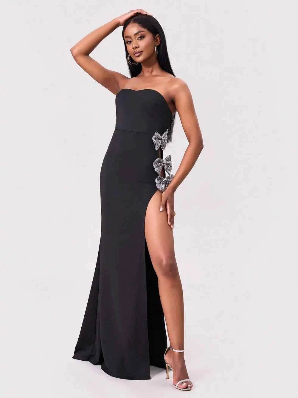 Slit Bow Trim Tube Maxi Dress Black for a perfect OOTD – dress to impress outfits from Amexza