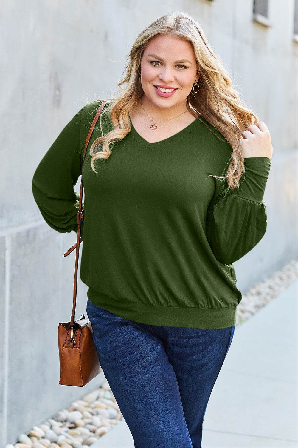 Basic Bae Full Size V-Neck Lantern Sleeve Top - Amexza