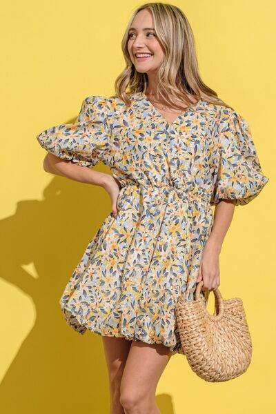 Full Size Floral Surplice Puff Sleeve Dress for a perfect OOTD – dress to impress outfits from Amexza