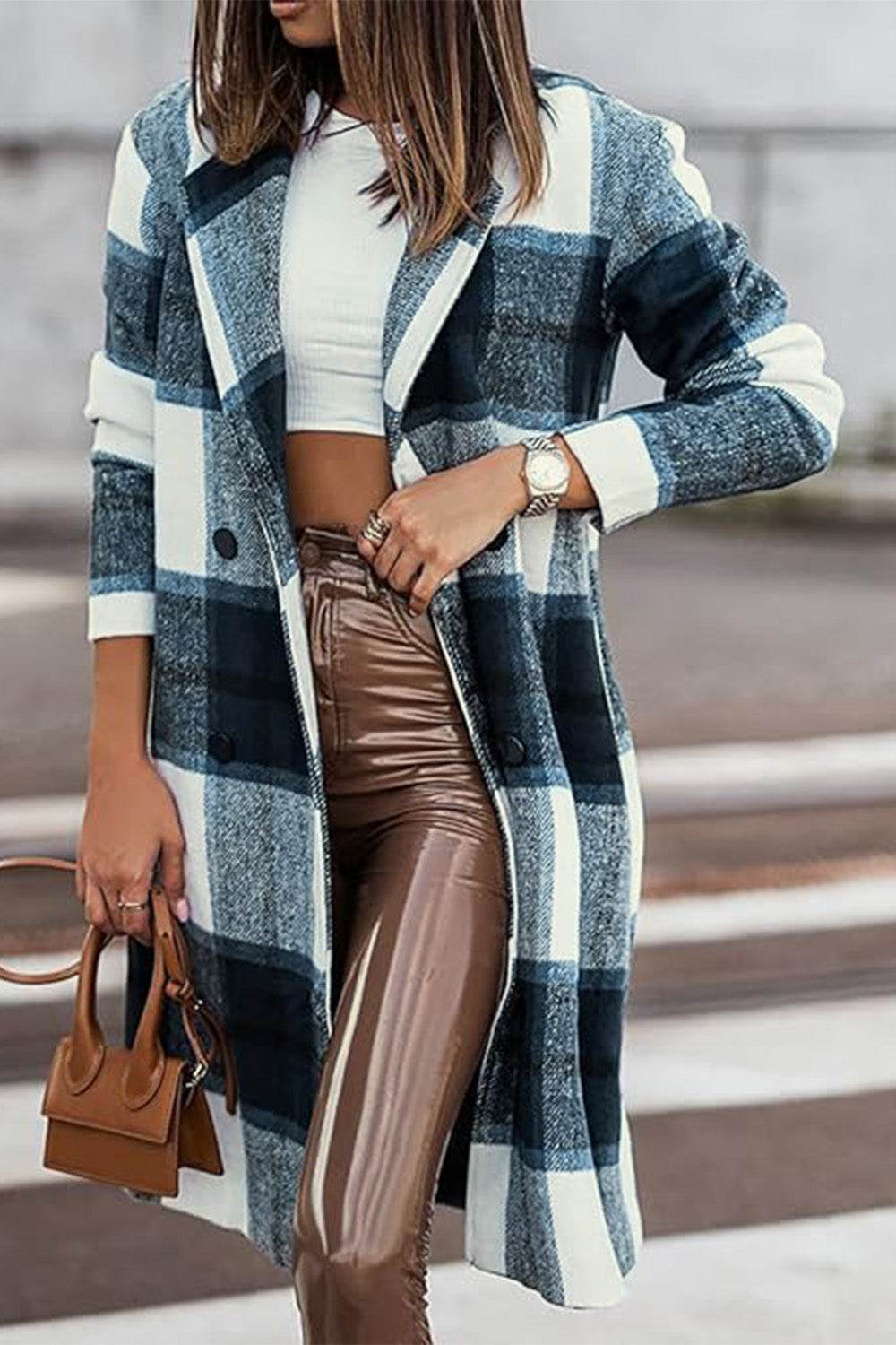 Double Take Full Size Plaid Button Up Lapel Collar Coat - Amexza
