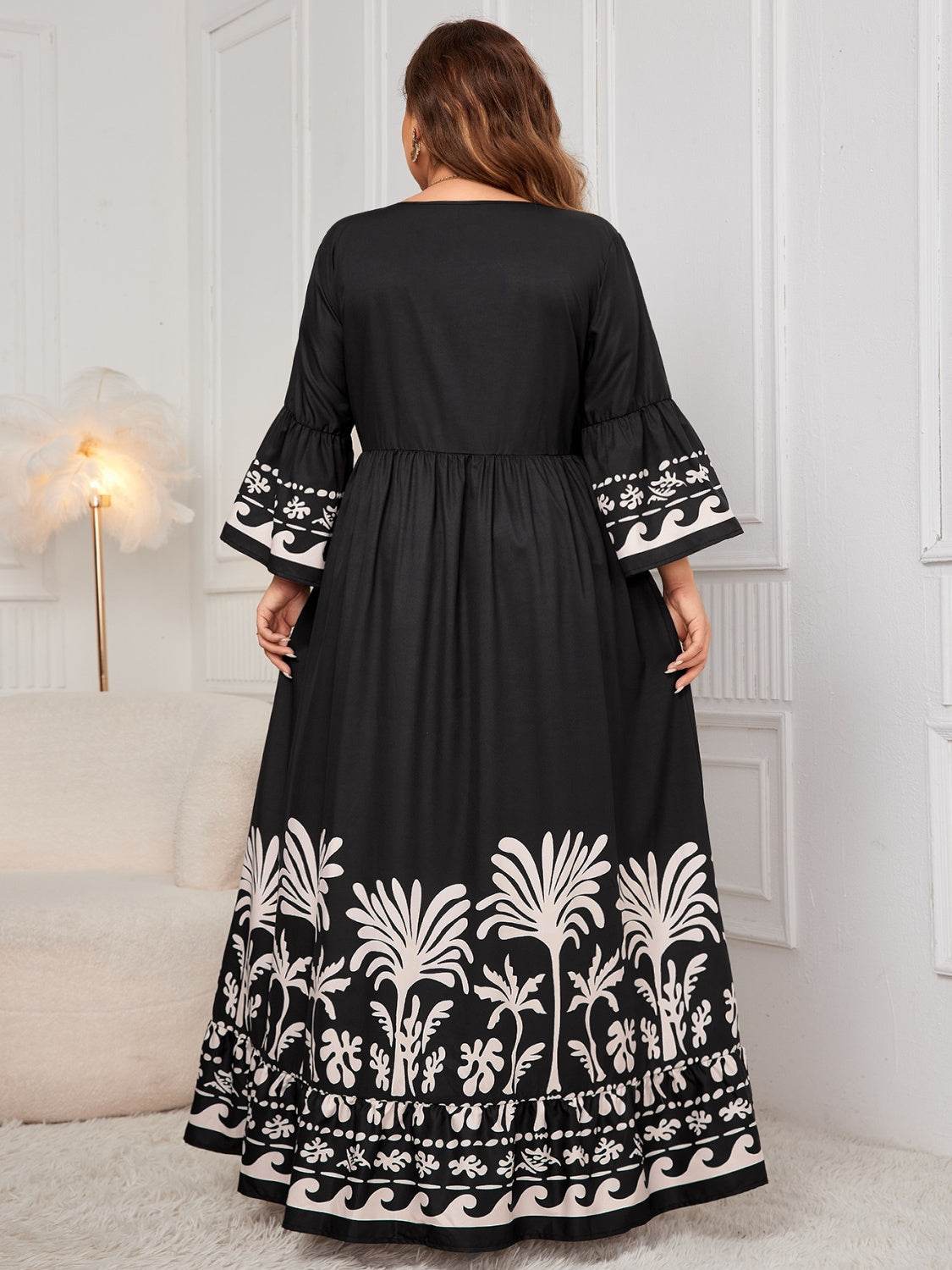 Honey Plus Size Printed V-Neck Long Sleeve Maxi Dress - Amexza