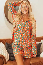 Leopard Collared Neck Long Sleeve Top and Shorts Lounge Set for a perfect OOTD – dress to impress outfits from Amexza