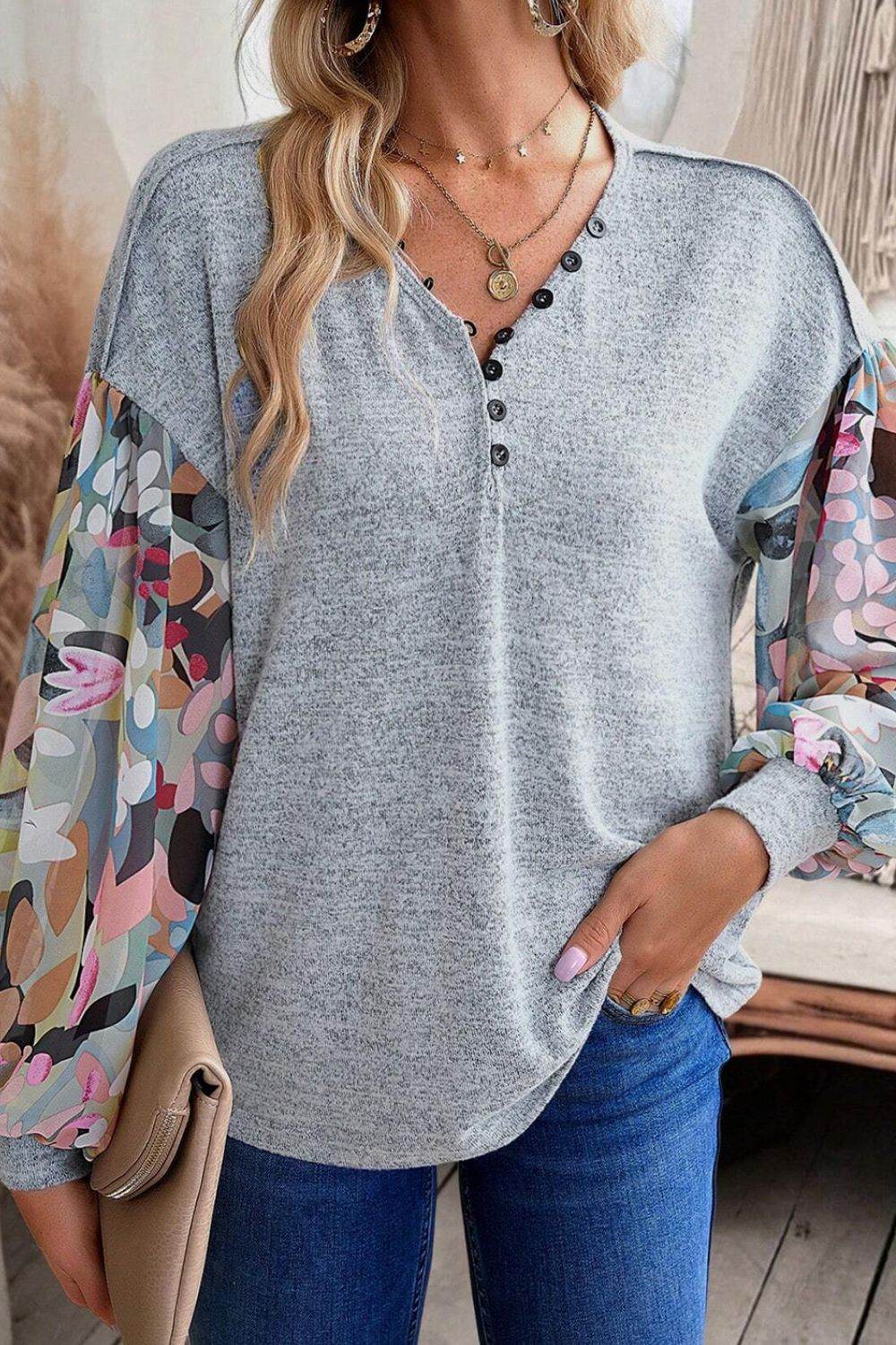 Printed Lantern Sleeve Buttoned V Neck Top - Amexza