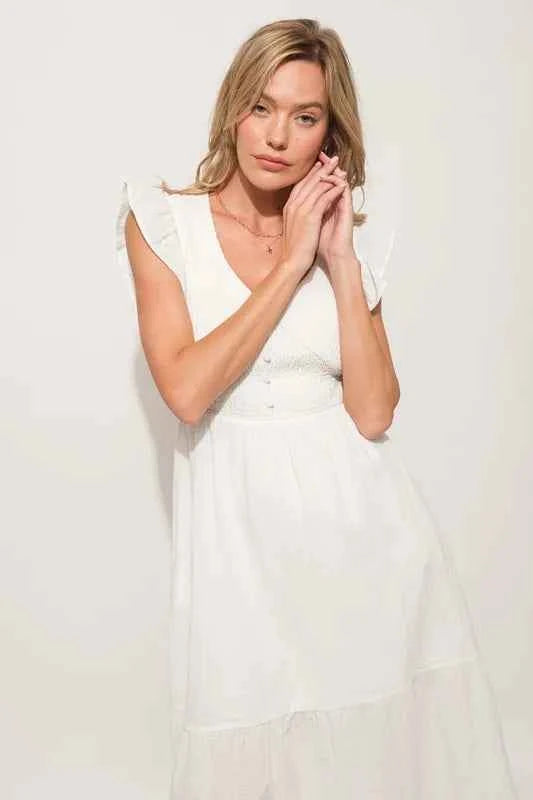 And The Why Ruffle Sleeve Front Smocked Tiered Midi Dress