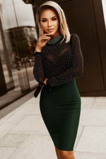 Rhinestone Mock Neck Long Sleeve Dress - Amexza