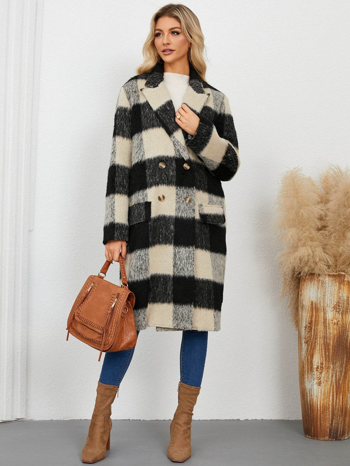 Plaid Double-Breasted Long Sleeve Coat - Amexza