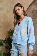 ADORA Flower Button Down Lantern Sleeve Cardigan - Amexza