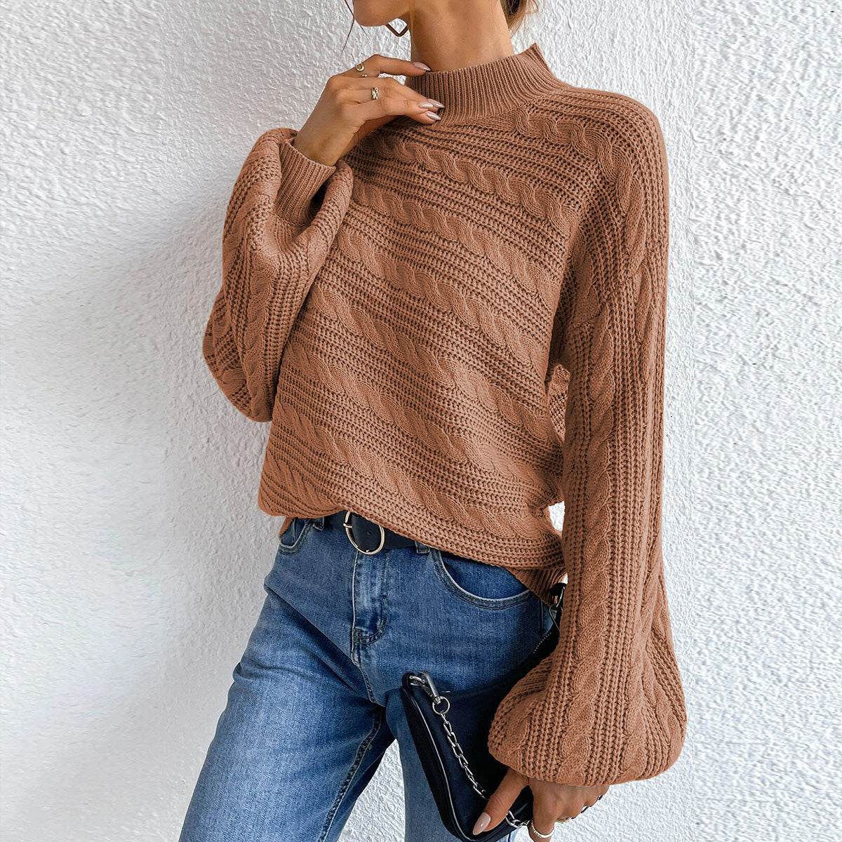 Cable-Knit Mock Neck Long Sleeve Sweater for a perfect OOTD – dress to impress outfits from Amexza