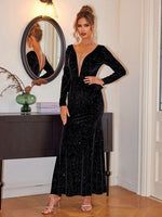 Ruffled Plunge Long Sleeve Dress - Amexza