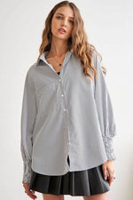 ADORA High-Low Striped Button Down Smocked Lantern Sleeve Shirt - Amexza