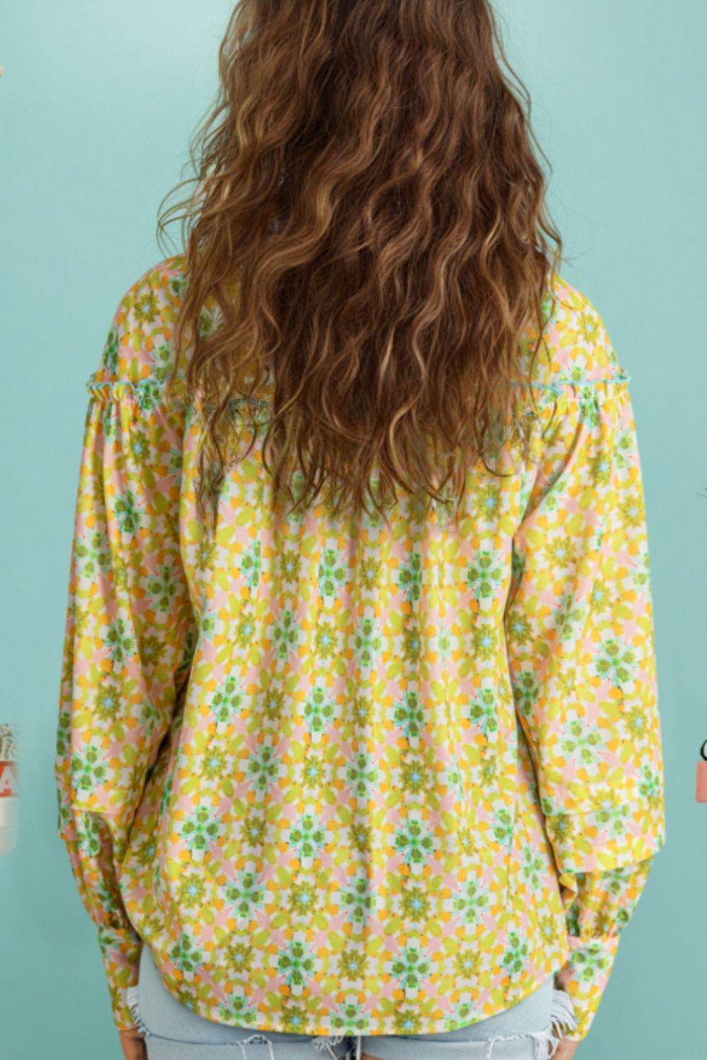 Frill Printed Collared Neck Long Sleeve Blouse - Amexza