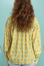 Frill Printed Collared Neck Long Sleeve Blouse - Amexza