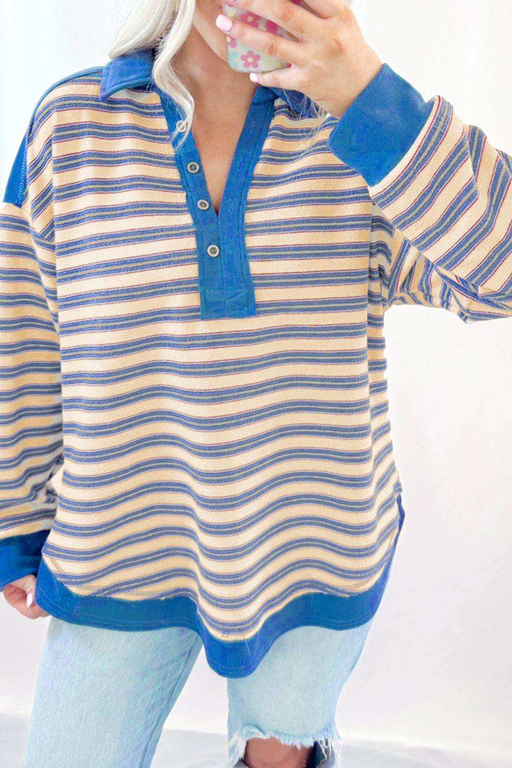 Striped Johnny Collar Long Sleeve Sweatshirt Dusty Blue for a perfect OOTD – dress to impress outfits from Amexza