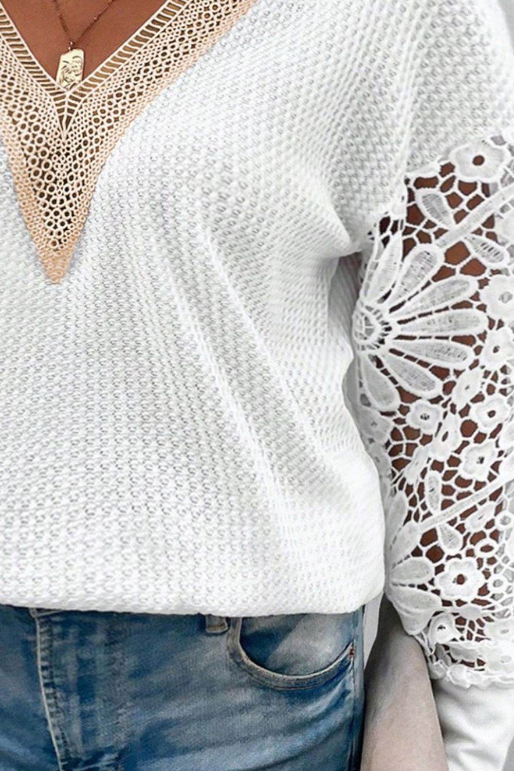 Plus Size Waffle-Knit Crochet V-Neck Blouse - Amexza