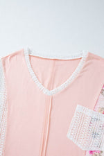 Openwork Floral V-Neck Three-Quarter Sleeve Blouse for a perfect OOTD – dress to impress outfits from Amexza