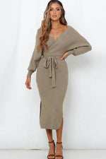 Surplice Neck Bow Waist Slit Sweater Dress Khaki for a perfect OOTD – dress to impress outfits from Amexza