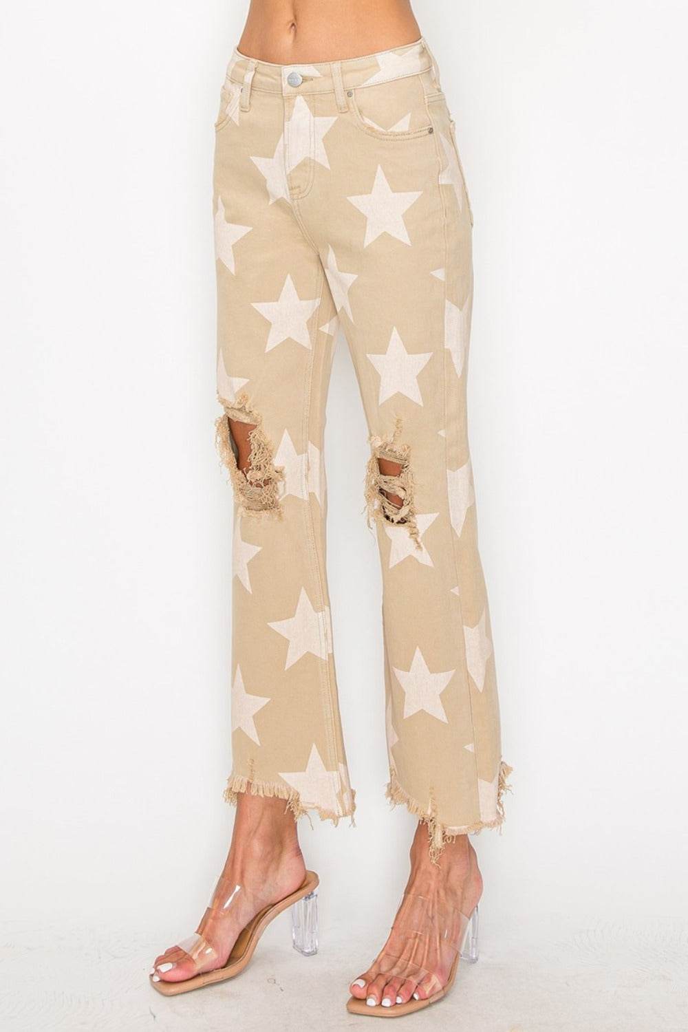 RISEN Full Size High Rise Star Printed Frayed Hem Jeans - Amexza