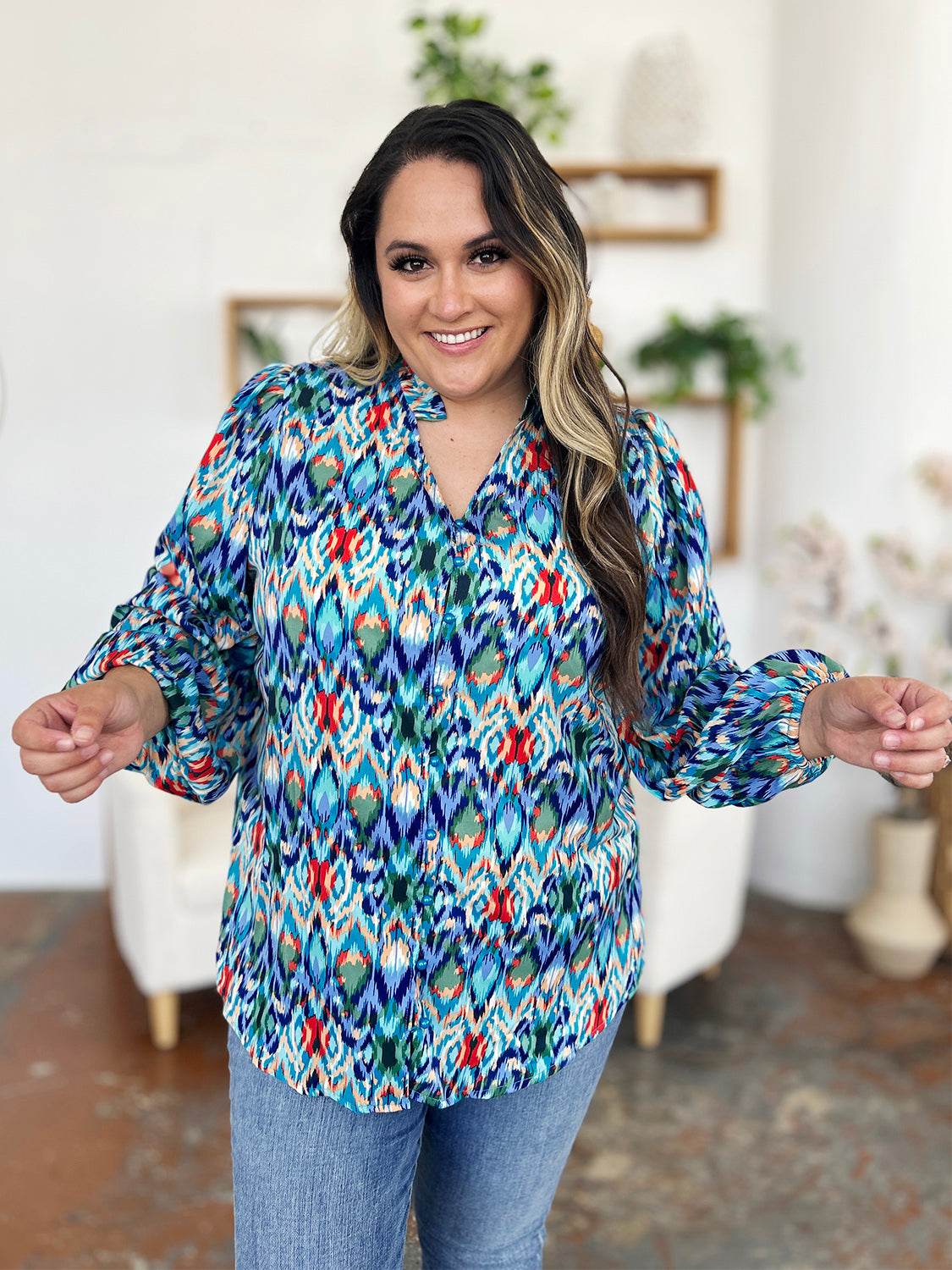 Double Take Full Size Printed Balloon Sleeve Blouse - Amexza