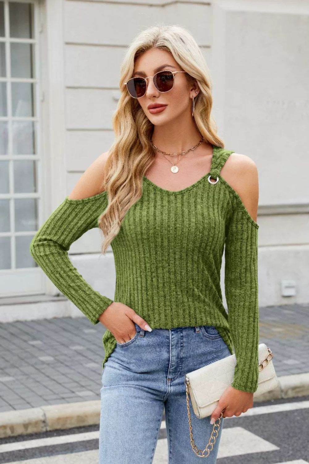 Ribbed Cold Shoulder Long Sleeve Top - Amexza