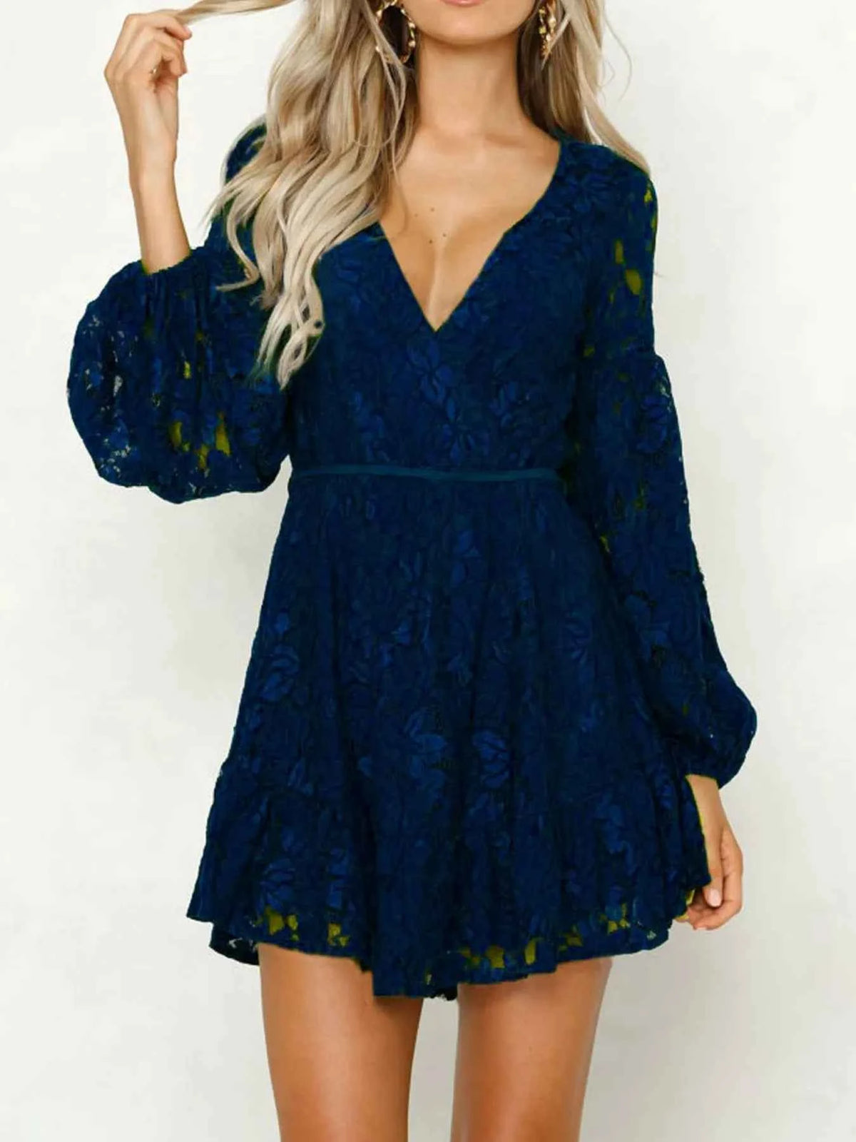 Lace V-Neck Long Sleeve Mini Dress