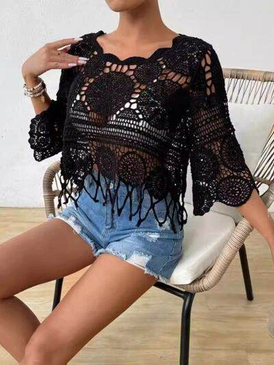 Openwork Round Neck Cover-Up Black One Size for a perfect OOTD – dress to impress outfits from Amexza