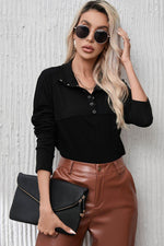 Ribbed Knit Henry Collar Loose Fitting Long Sleeve Top - Amexza