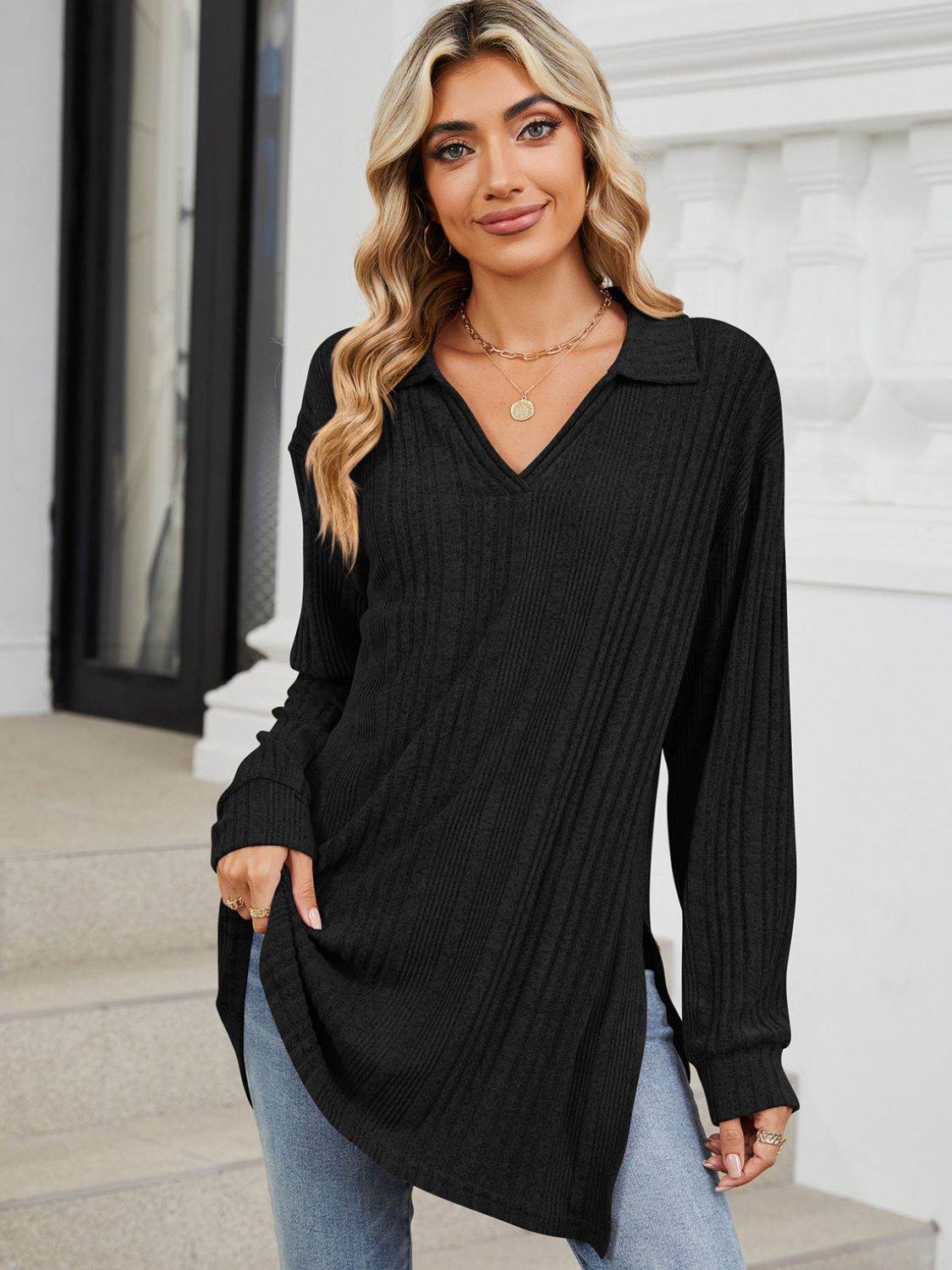 Slit Johnny Collar Long Sleeve T-Shirt - Amexza