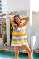 Angel Wings Openwork Striped V-Neck Short Sleeve Cover Up for a perfect OOTD – dress to impress outfits from Amexza