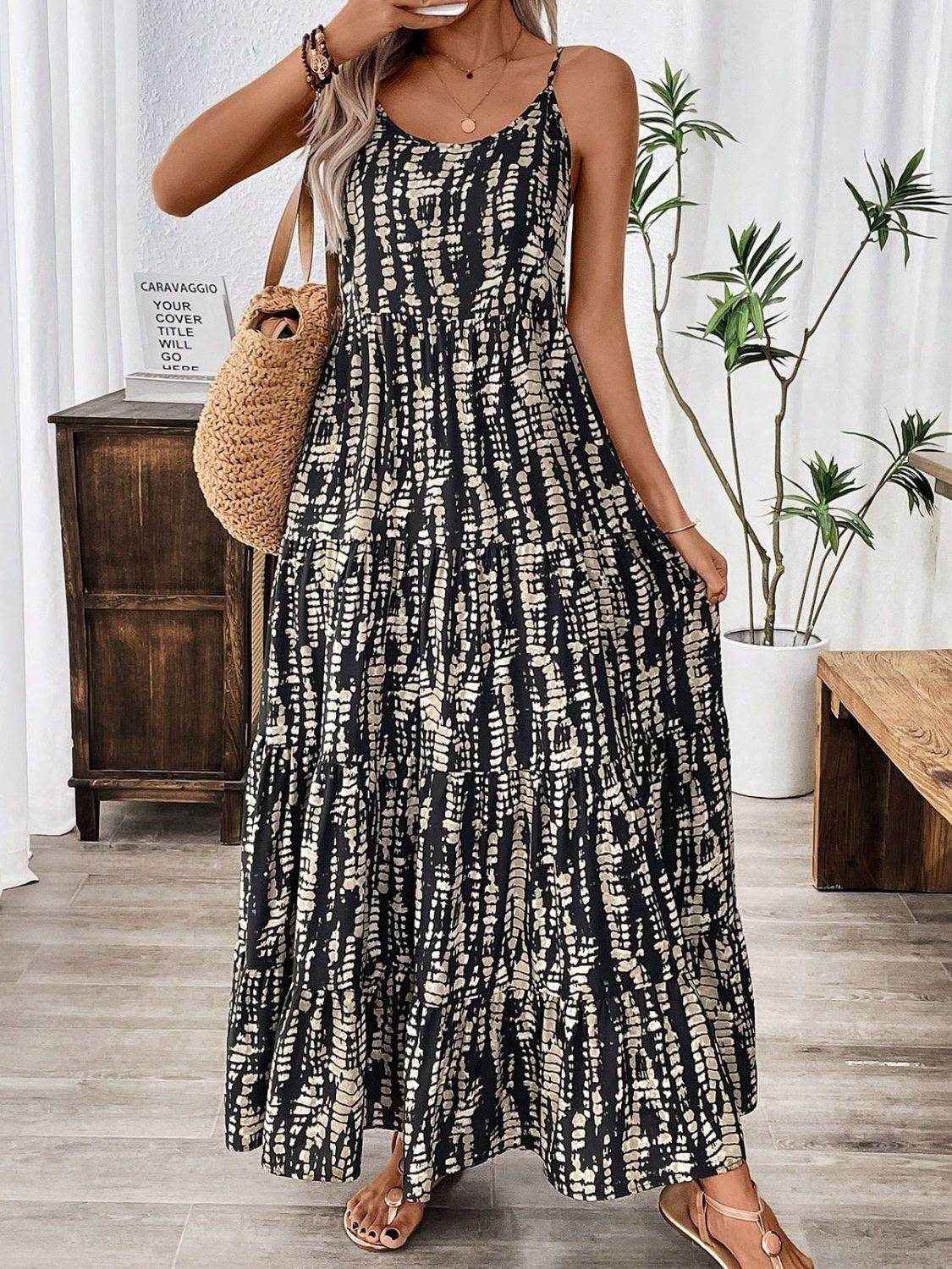 Printed Scoop Neck Maxi Cami Dress - Amexza