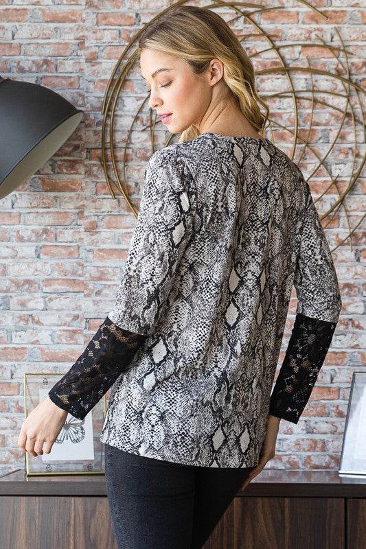 Heimish Full Size Snakeskin Print Round Neck Lace Contrast Top - Amexza