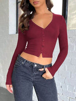 Buttoned V-Neck Long Sleeve T-Shirt - Amexza