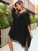 Tassel Cutout Half Sleeve Cover-Up Black One Size for a perfect OOTD – dress to impress outfits from Amexza