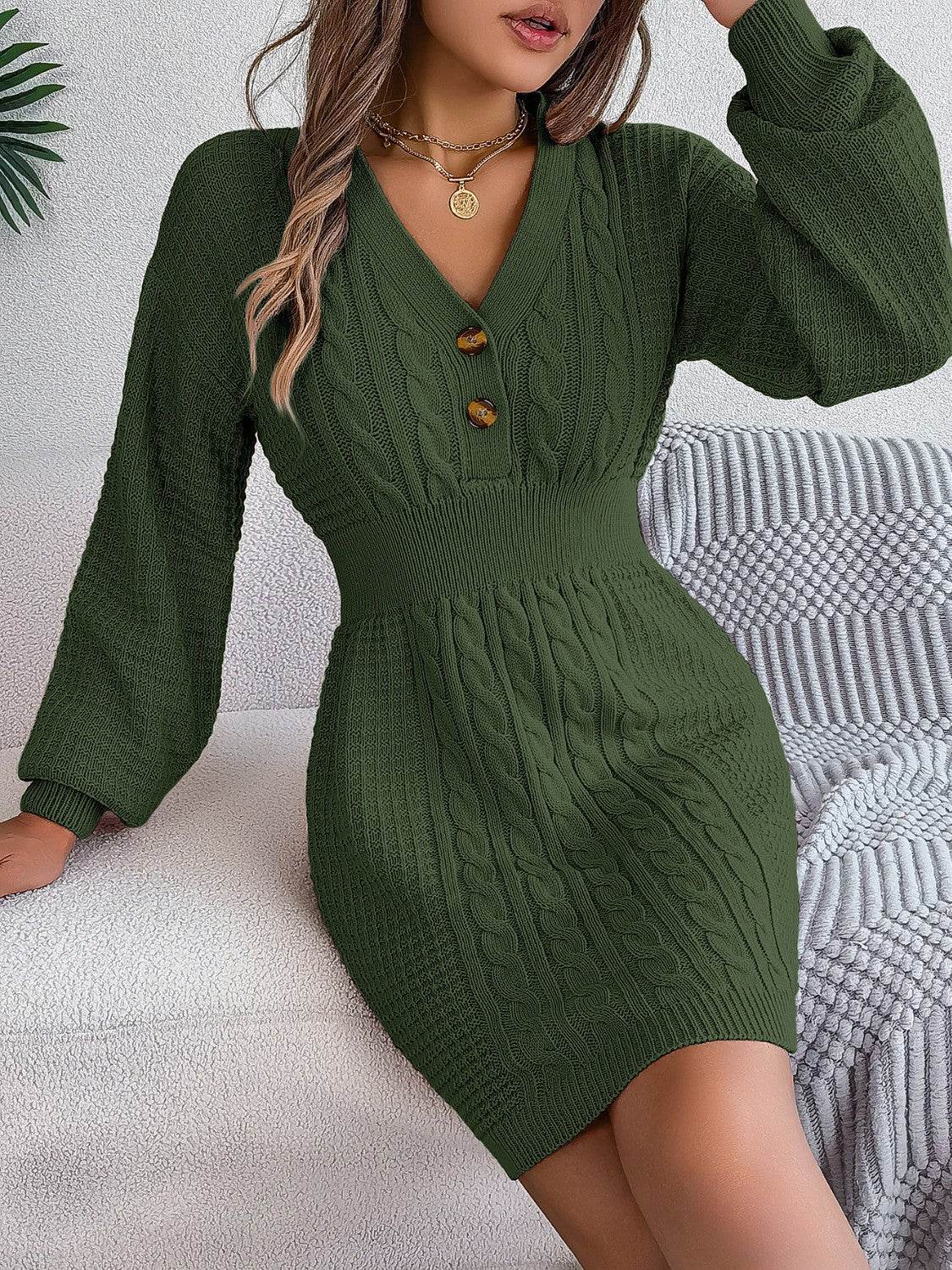 Buttoned Cable-Knit V-Neck Sweater Dress for a perfect OOTD – dress to impress outfits from Amexza
