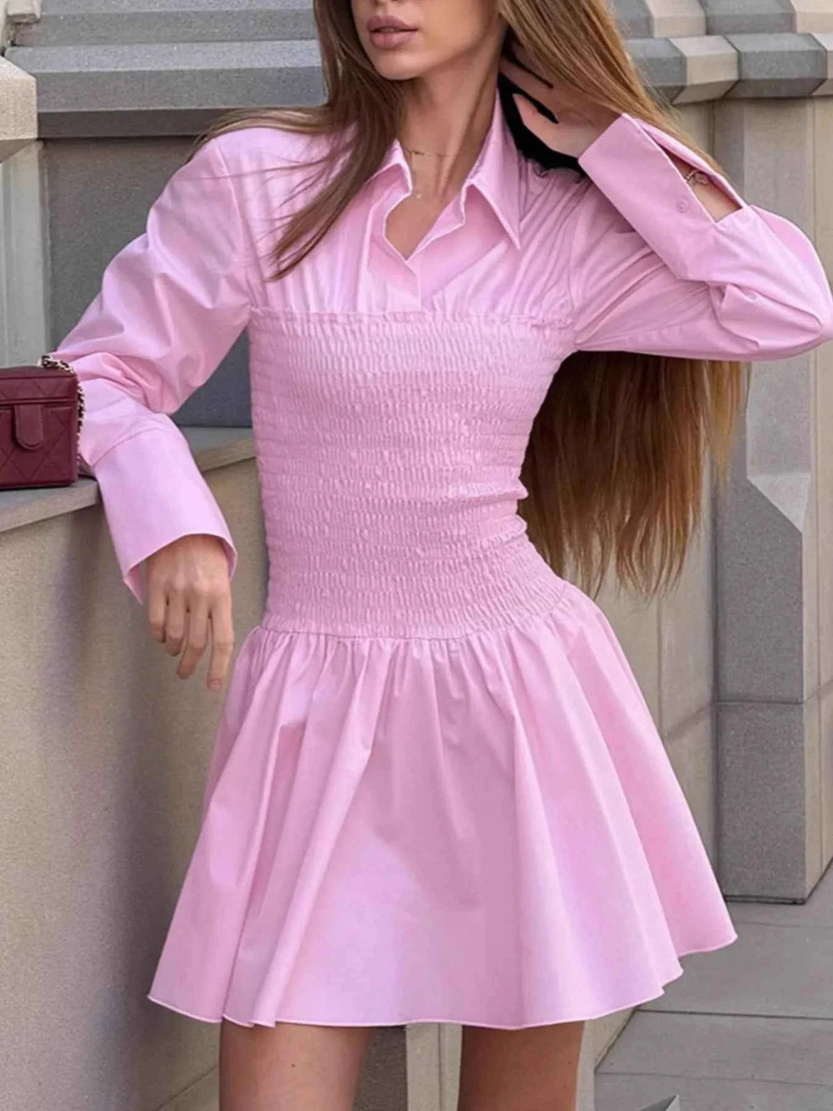 Smocked Long Sleeve Shirt Dress