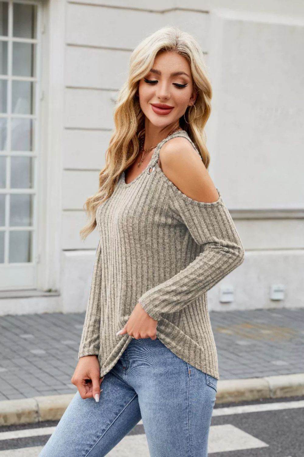 Ribbed Cold Shoulder Long Sleeve Top - Amexza
