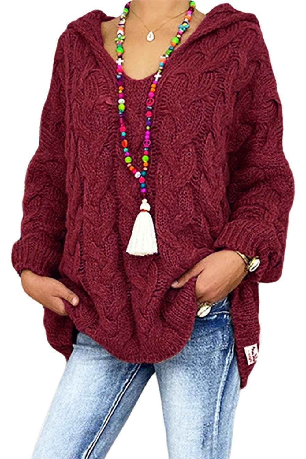 Cable-Knit Hooded Sweater Burgundy for a perfect OOTD – dress to impress outfits from Amexza
