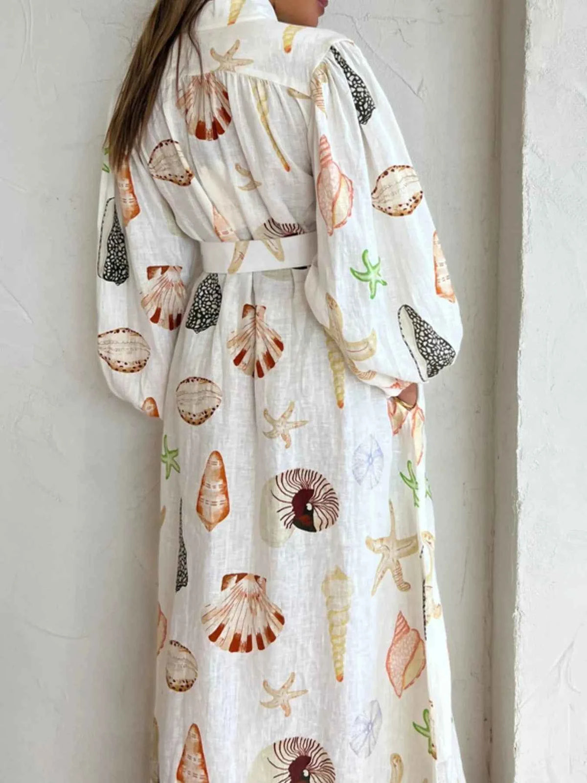 Printed Balloon Sleeve Maxi Shirt Dress