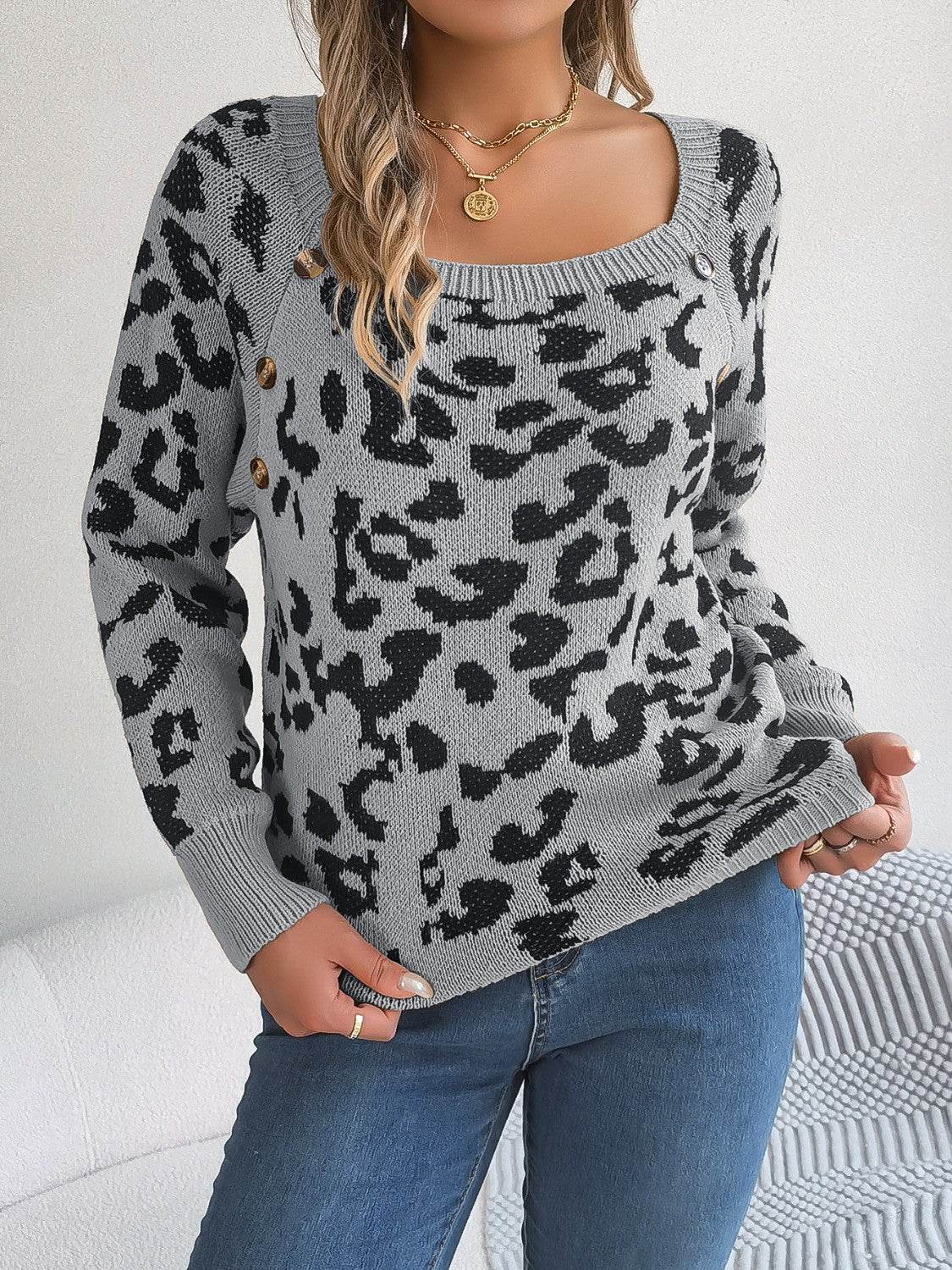 Leopard Buttoned Square Neck Sweater Charcoal for a perfect OOTD – dress to impress outfits from Amexza