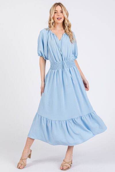 Ces Femme Smocked Elastic Waist Tie Neck Puff Sleeve Dress Blue for a perfect OOTD – dress to impress outfits from Amexza
