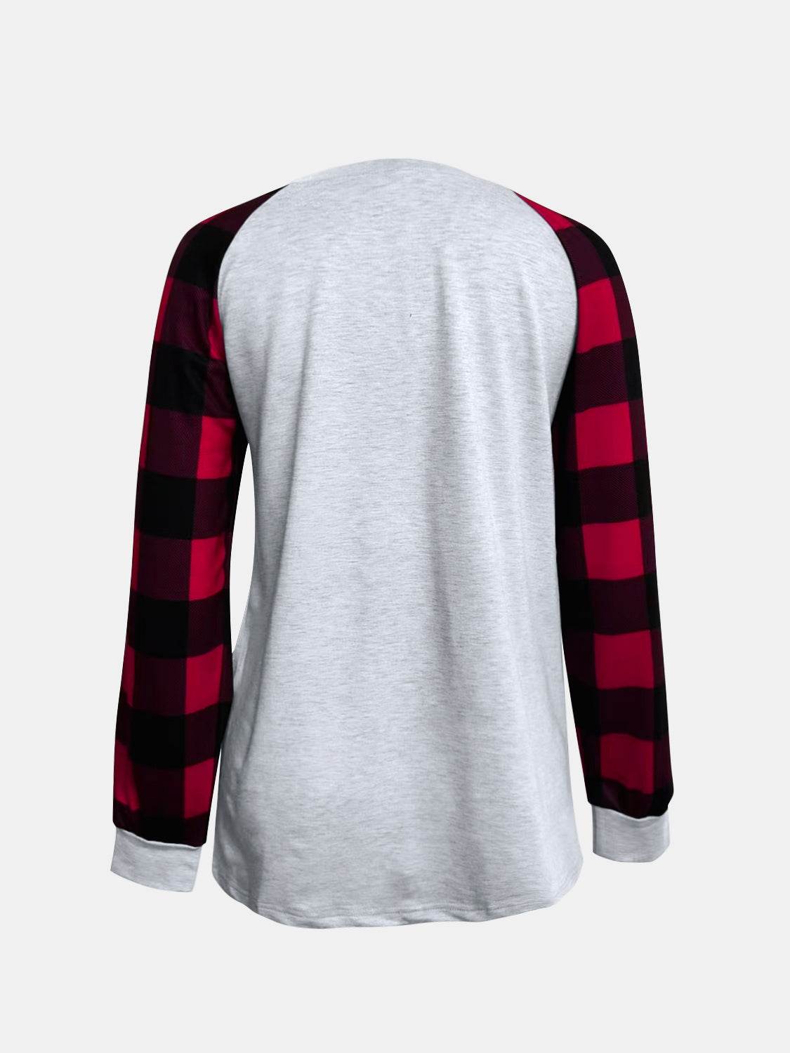 Full Size Graphic Plaid Round Neck Long Sleeve T-Shirt - Amexza