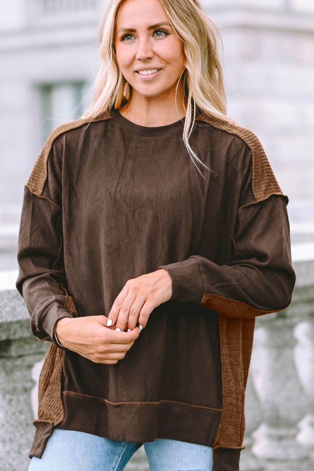 Ribbed Exposed Seam Dropped Shoulder Blouse - Amexza